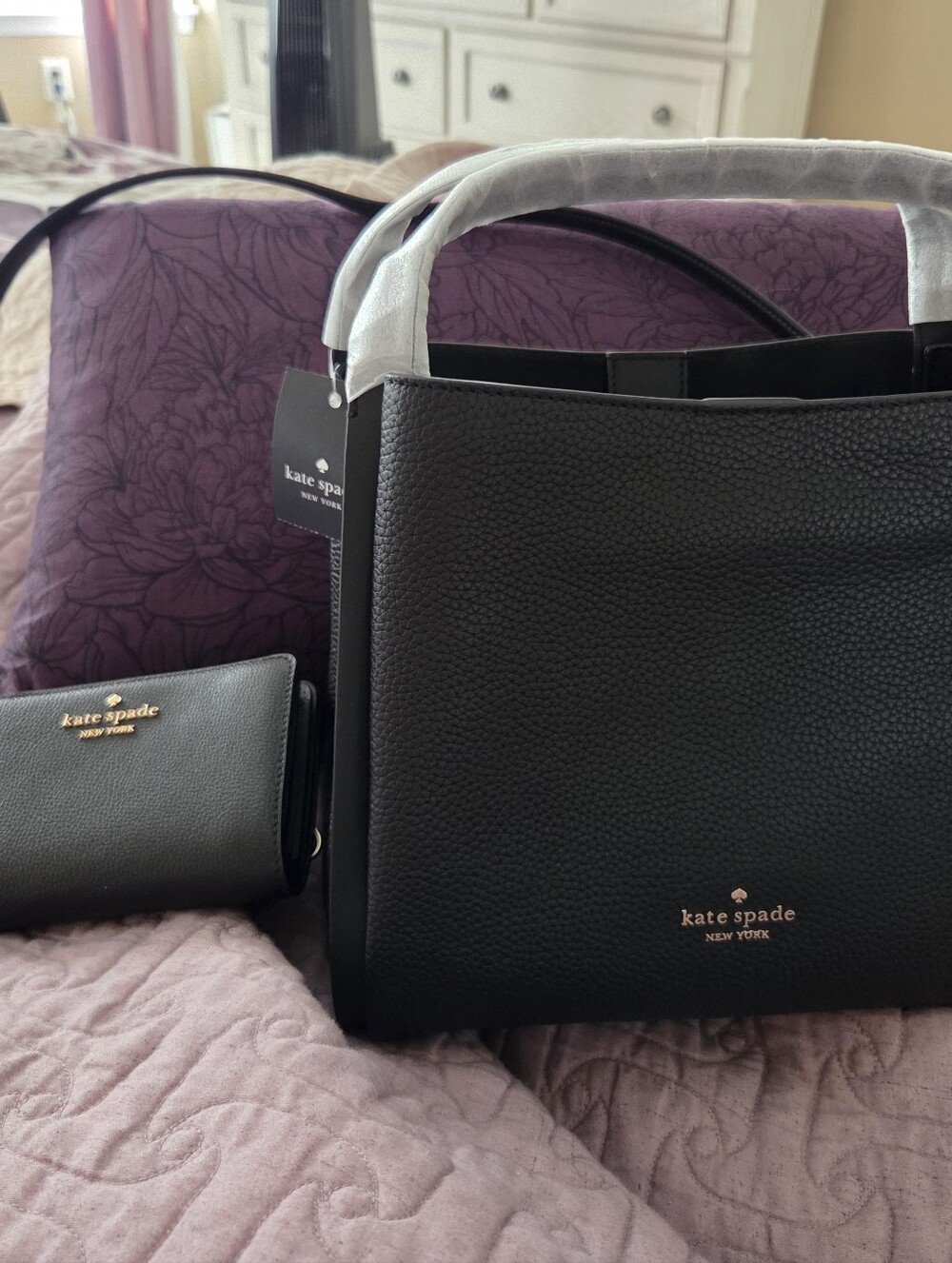 kate spade black pebbled leather tote with gold logo and matching wallet